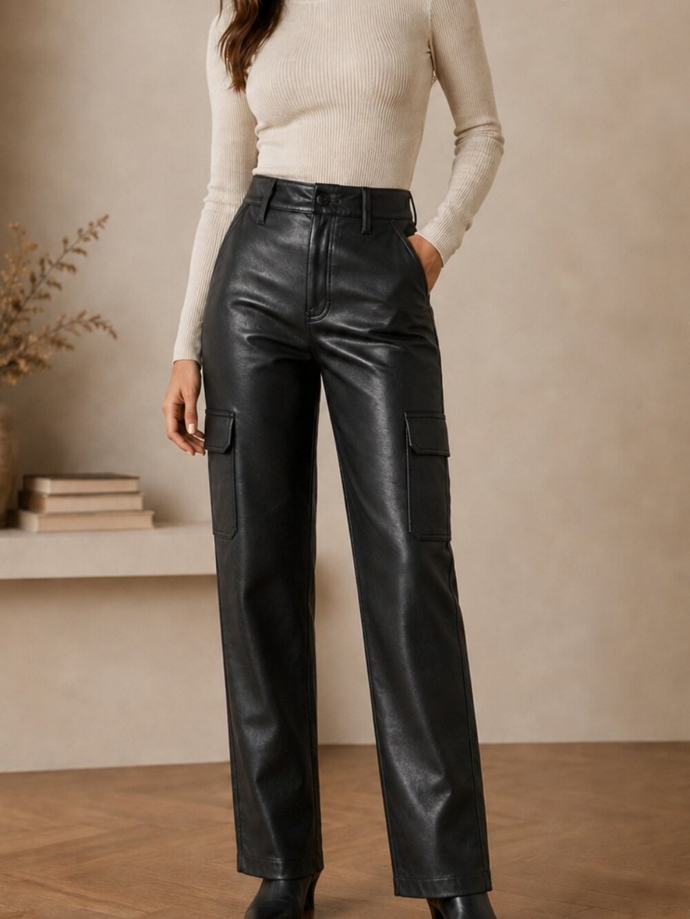 Express Super High Rise Faux Leather Cargo Pants 2R Black Moto Minimalist
